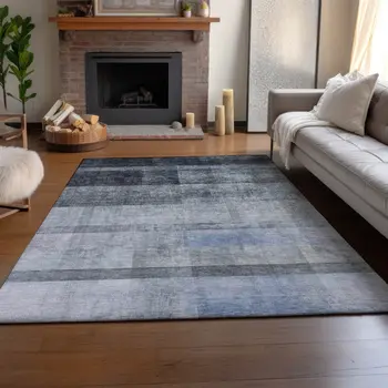 3' X 5' Navy Blue And Ivory Abstract Washable Area Rug With UV Protection