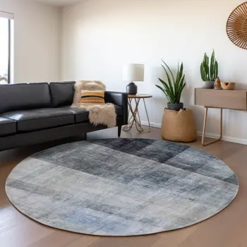 8' Navy Blue And Ivory Abstract Washable Round Rug With UV Protection