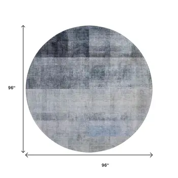 8' Navy Blue And Ivory Abstract Washable Round Rug With UV Protection