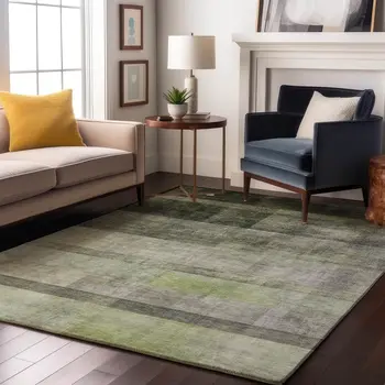 5' X 8' Olive Green And Ivory Abstract Washable Area Rug With UV Protection