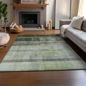 5' X 8' Olive Green And Ivory Abstract Washable Area Rug With UV Protection