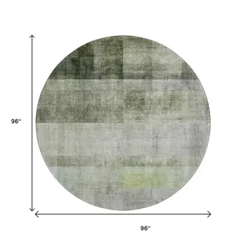 8' Olive Green And Ivory Abstract Washable Round Rug With UV Protection
