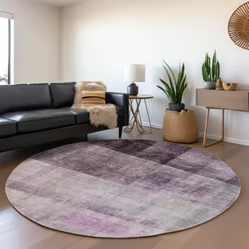 8' Purple And Ivory Abstract Washable Round Rug With UV Protection