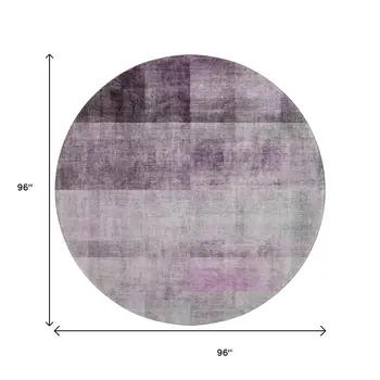 8' Purple And Ivory Abstract Washable Round Rug With UV Protection