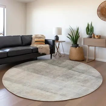 8' Taupe And Ivory Abstract Washable Round Rug With UV Protection
