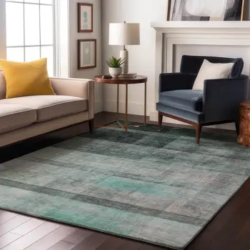 5' X 8' Teal And Ivory Abstract Washable Area Rug With UV Protection