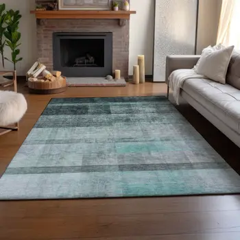 5' X 8' Teal And Ivory Abstract Washable Area Rug With UV Protection