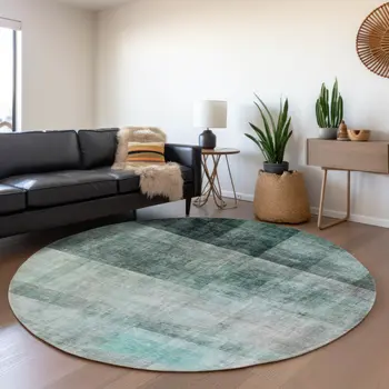 8' Teal And Ivory Abstract Washable Round Rug With UV Protection