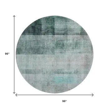 8' Teal And Ivory Abstract Washable Round Rug With UV Protection