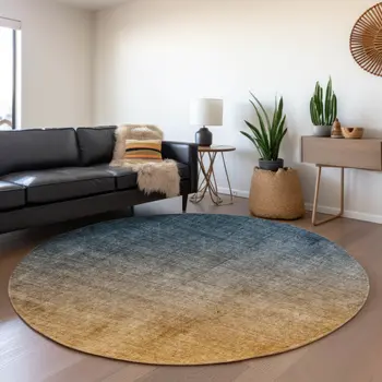 8' Navy Blue And Orange Ombre Washable Round Rug With UV Protection