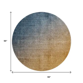 8' Navy Blue And Orange Ombre Washable Round Rug With UV Protection