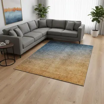 10' X 14' Navy Blue And Orange Ombre Washable Area Rug With UV Protection