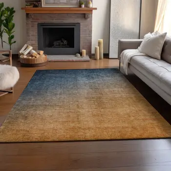 10' X 14' Navy Blue And Orange Ombre Washable Area Rug With UV Protection