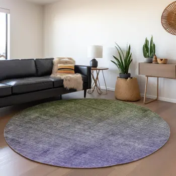 8' Olive Green And Purple Ombre Washable Round Rug With UV Protection