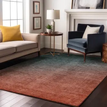 10' X 14' Teal And Rust Ombre Washable Area Rug With UV Protection