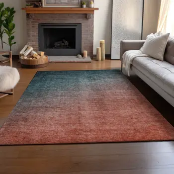 10' X 14' Teal And Rust Ombre Washable Area Rug With UV Protection