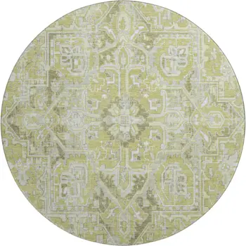 8' Fern Green And Ivory Oriental Washable Round Rug With UV Protection