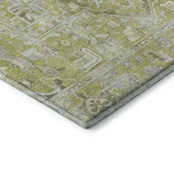 8' Fern Green And Ivory Oriental Washable Round Rug With UV Protection