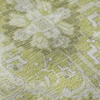 8' Fern Green And Ivory Oriental Washable Round Rug With UV Protection