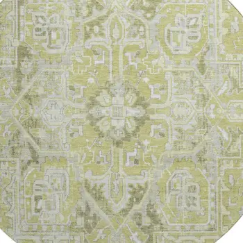 8' Fern Green And Ivory Oriental Washable Round Rug With UV Protection