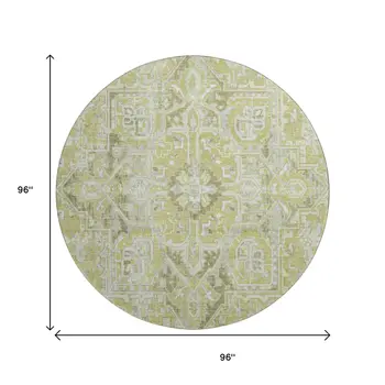 8' Fern Green And Ivory Oriental Washable Round Rug With UV Protection