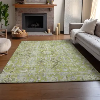 8' X 10' Fern Green And Ivory Oriental Washable Area Rug With UV Protection