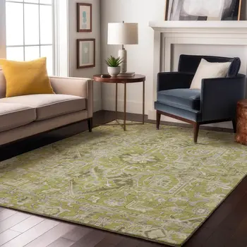 9' X 12' Fern Green And Ivory Oriental Washable Area Rug With UV Protection