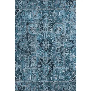 5' X 8' Blue And Ivory Oriental Washable Area Rug With UV Protection