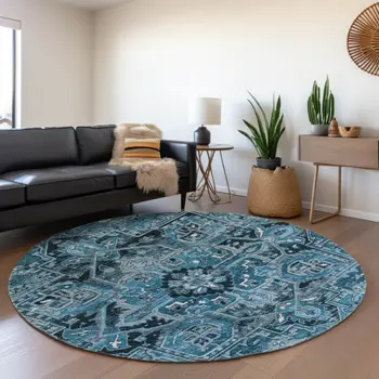 8' Blue And Ivory Oriental Washable Round Rug With UV Protection