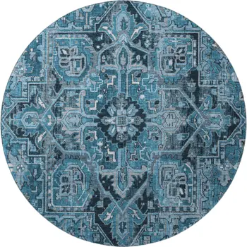 8' Blue And Ivory Oriental Washable Round Rug With UV Protection