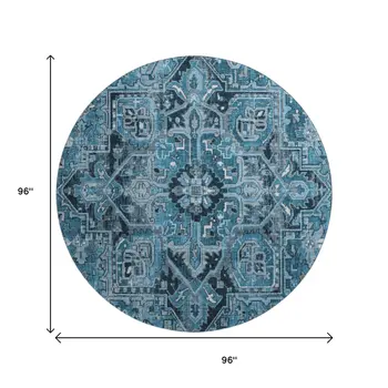 8' Blue And Ivory Oriental Washable Round Rug With UV Protection
