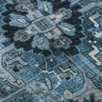 9' X 12' Blue And Ivory Oriental Washable Area Rug With UV Protection