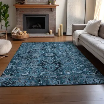 9' X 12' Blue And Ivory Oriental Washable Area Rug With UV Protection