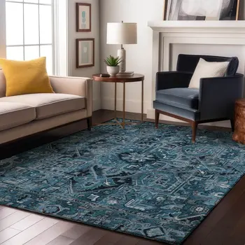 10' X 14' Blue And Ivory Oriental Washable Area Rug With UV Protection
