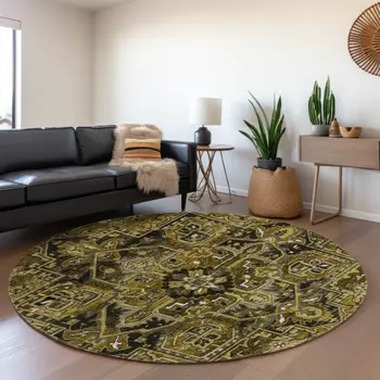 8' Brown Gray And Ivory Oriental Washable Round Rug With UV Protection