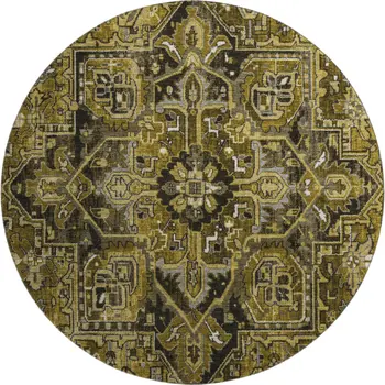 8' Brown Gray And Ivory Oriental Washable Round Rug With UV Protection