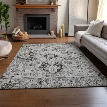 5' X 8' Ivory And Gray Oriental Washable Area Rug With UV Protection