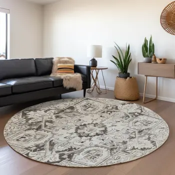8' Ivory And Gray Oriental Washable Round Rug With UV Protection