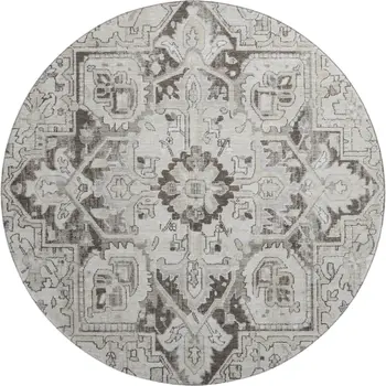 8' Ivory And Gray Oriental Washable Round Rug With UV Protection