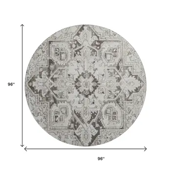 8' Ivory And Gray Oriental Washable Round Rug With UV Protection