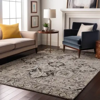 9' X 12' Ivory And Gray Oriental Washable Area Rug With UV Protection