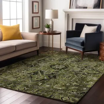 3' X 5' Olive Green Gray And Ivory Oriental Washable Area Rug With UV Protection