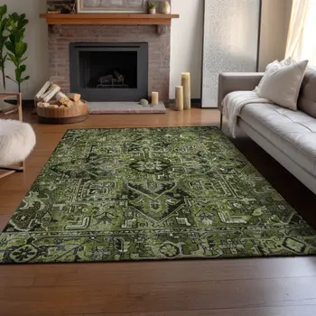 3' X 5' Olive Green Gray And Ivory Oriental Washable Area Rug With UV Protection