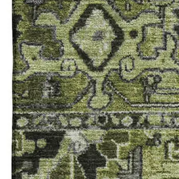 5' X 8' Olive Green Gray And Ivory Oriental Washable Area Rug With UV Protection