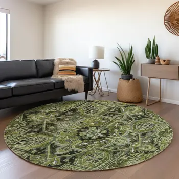 8' Olive Green Gray And Ivory Oriental Washable Round Rug With UV Protection