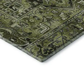 8' Olive Green Gray And Ivory Oriental Washable Round Rug With UV Protection