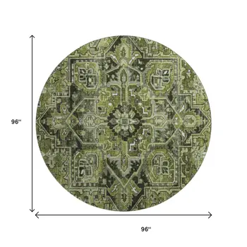 8' Olive Green Gray And Ivory Oriental Washable Round Rug With UV Protection