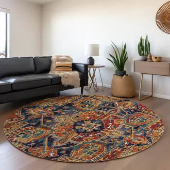 8' Rust Blue And Gold Oriental Washable Round Rug With UV Protection