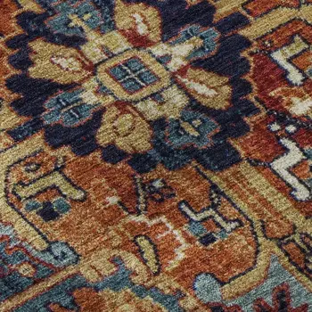 8' Rust Blue And Gold Oriental Washable Round Rug With UV Protection