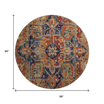 8' Rust Blue And Gold Oriental Washable Round Rug With UV Protection